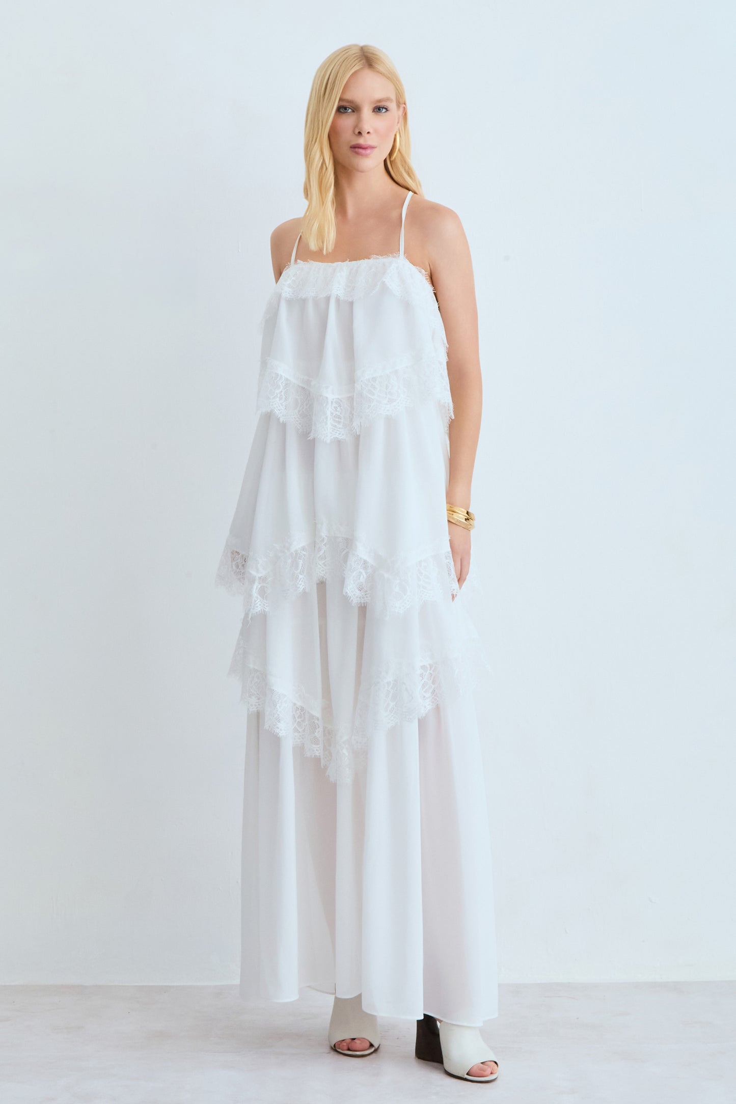 VESTIDO MIDI BABADOS COM DETALHE RENDA BARRA OFF WHITE