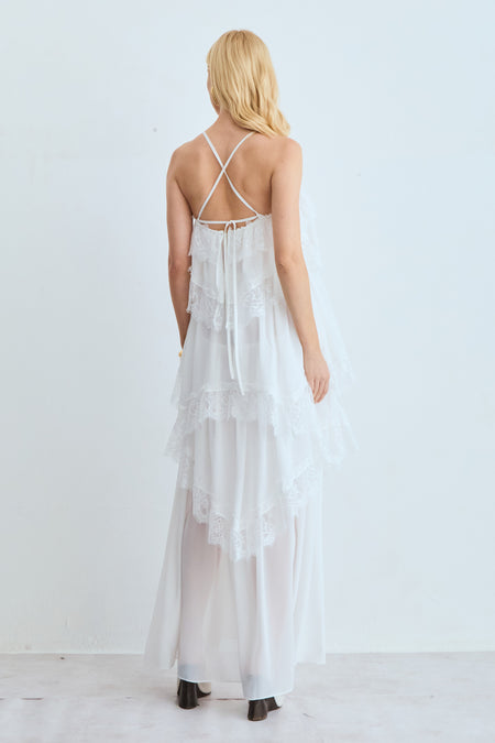 VESTIDO MIDI BABADOS COM DETALHE RENDA BARRA OFF WHITE