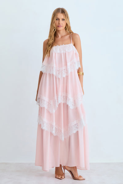 VESTIDO MIDI BABADOS COM DETALHE RENDA BARRA ROSA SUSPIRO