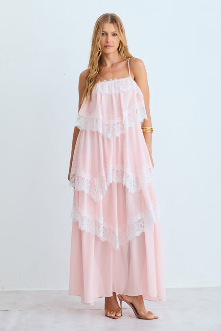 VESTIDO MIDI BABADOS COM DETALHE RENDA BARRA ROSA SUSPIRO