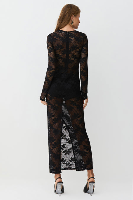 VESTIDO MIDI EM RENDA RECORTE NO DECOTE MANGA LONGA PRETO