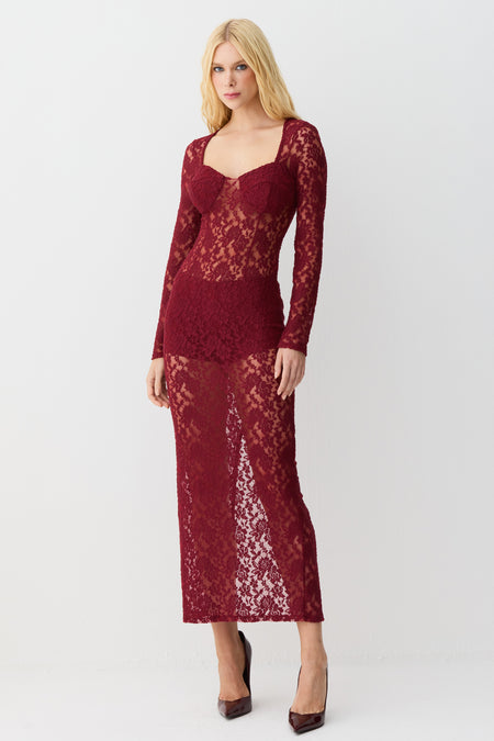 VESTIDO MIDI MANGA LONGA RECORTE DECOTE EM RENDA VERMELHO CEREJA