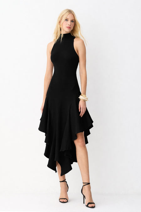 VESTIDO MIDI GOLA ALTA BABADOS ASSIMETRICOS BARRA PRETO