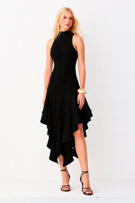 VESTIDO MIDI GOLA ALTA BABADOS ASSIMETRICOS BARRA PRETO