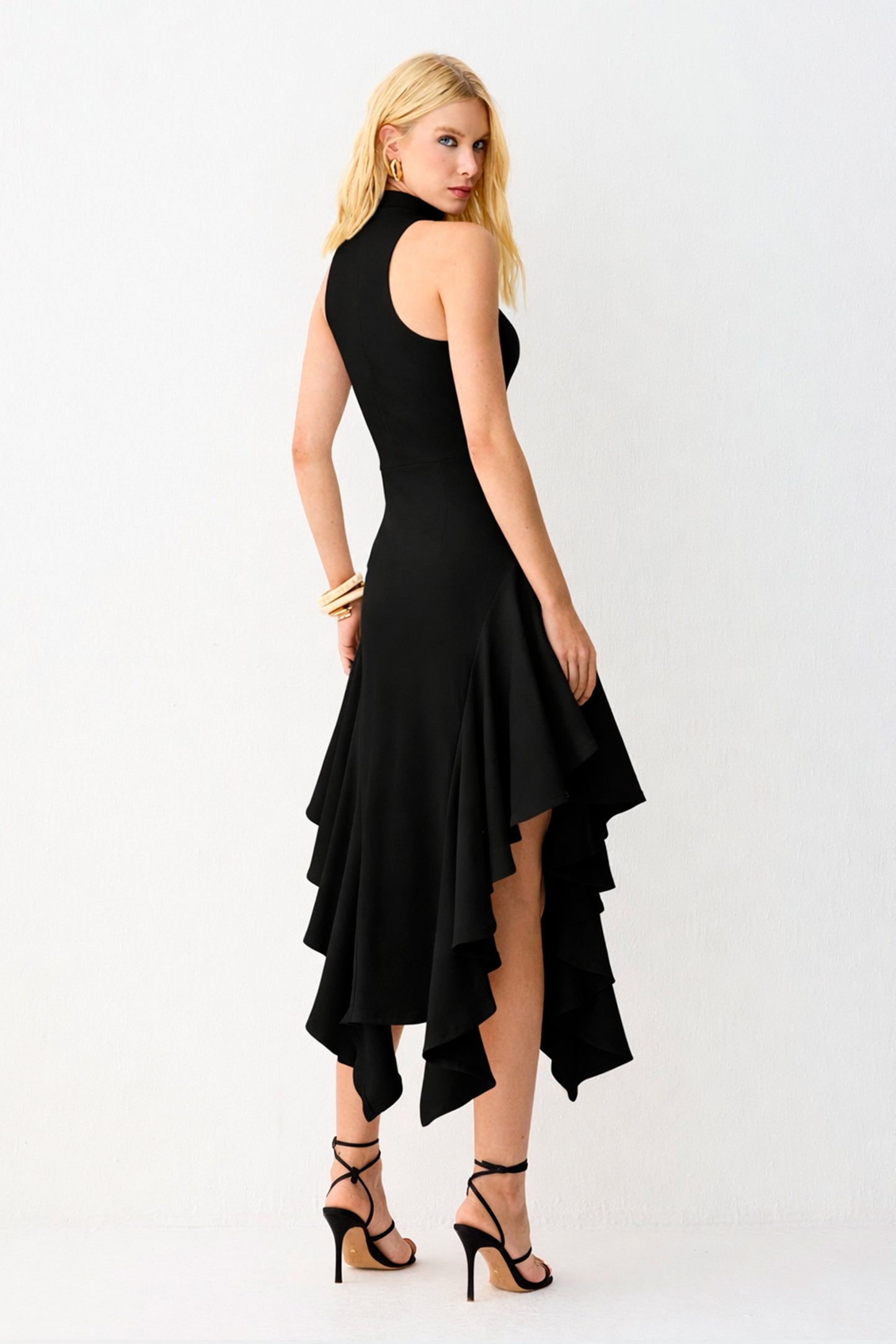 VESTIDO MIDI GOLA ALTA BABADOS ASSIMETRICOS BARRA PRETO