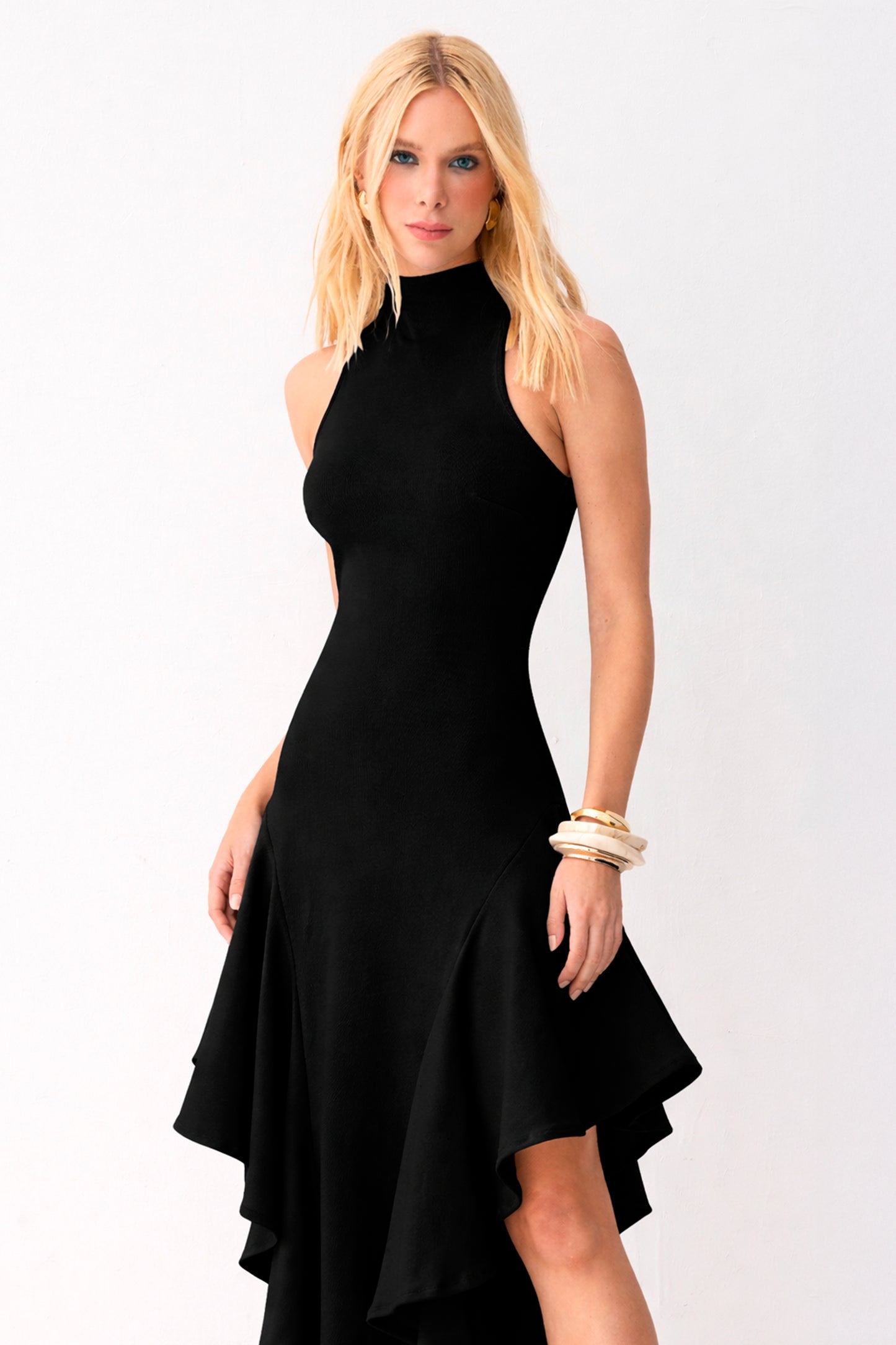 VESTIDO MIDI GOLA ALTA BABADOS ASSIMETRICOS BARRA PRETO
