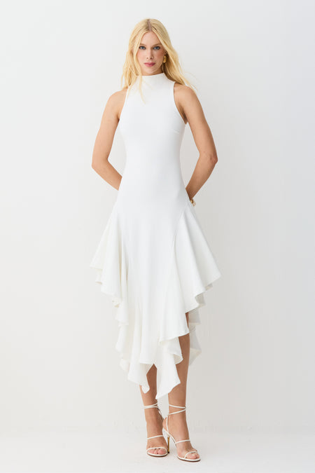 VESTIDO MIDI GOLA ALTA BABADOS ASSIMETRICOS BARRA OFF WHITE