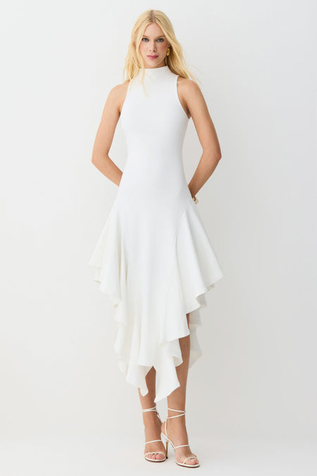 VESTIDO MIDI GOLA ALTA BABADOS ASSIMETRICOS BARRA OFF WHITE