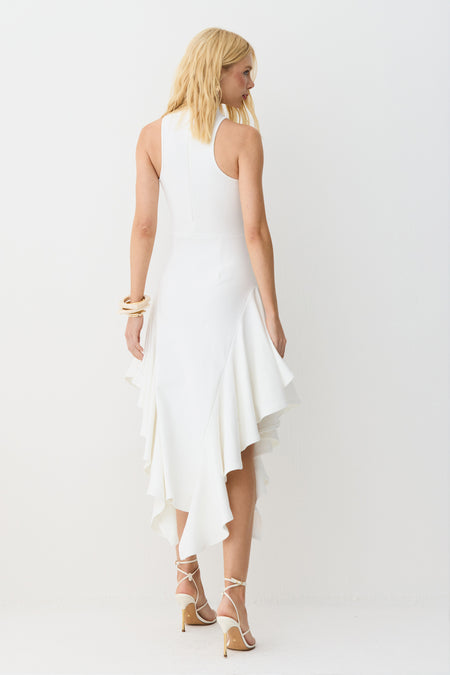 VESTIDO MIDI GOLA ALTA BABADOS ASSIMETRICOS BARRA OFF WHITE