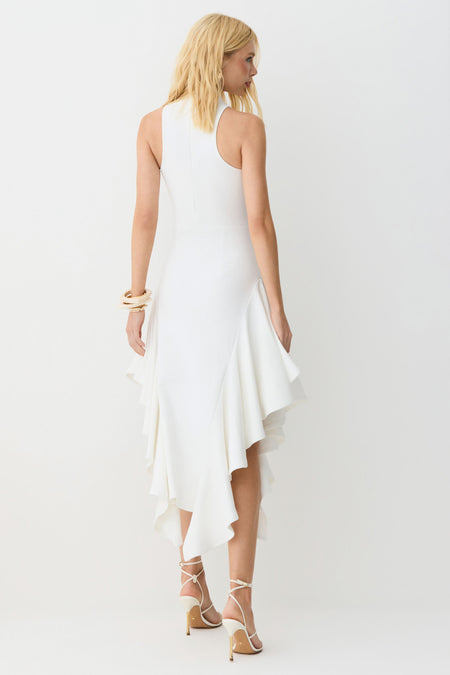 VESTIDO MIDI GOLA ALTA BABADOS ASSIMETRICOS BARRA OFF WHITE