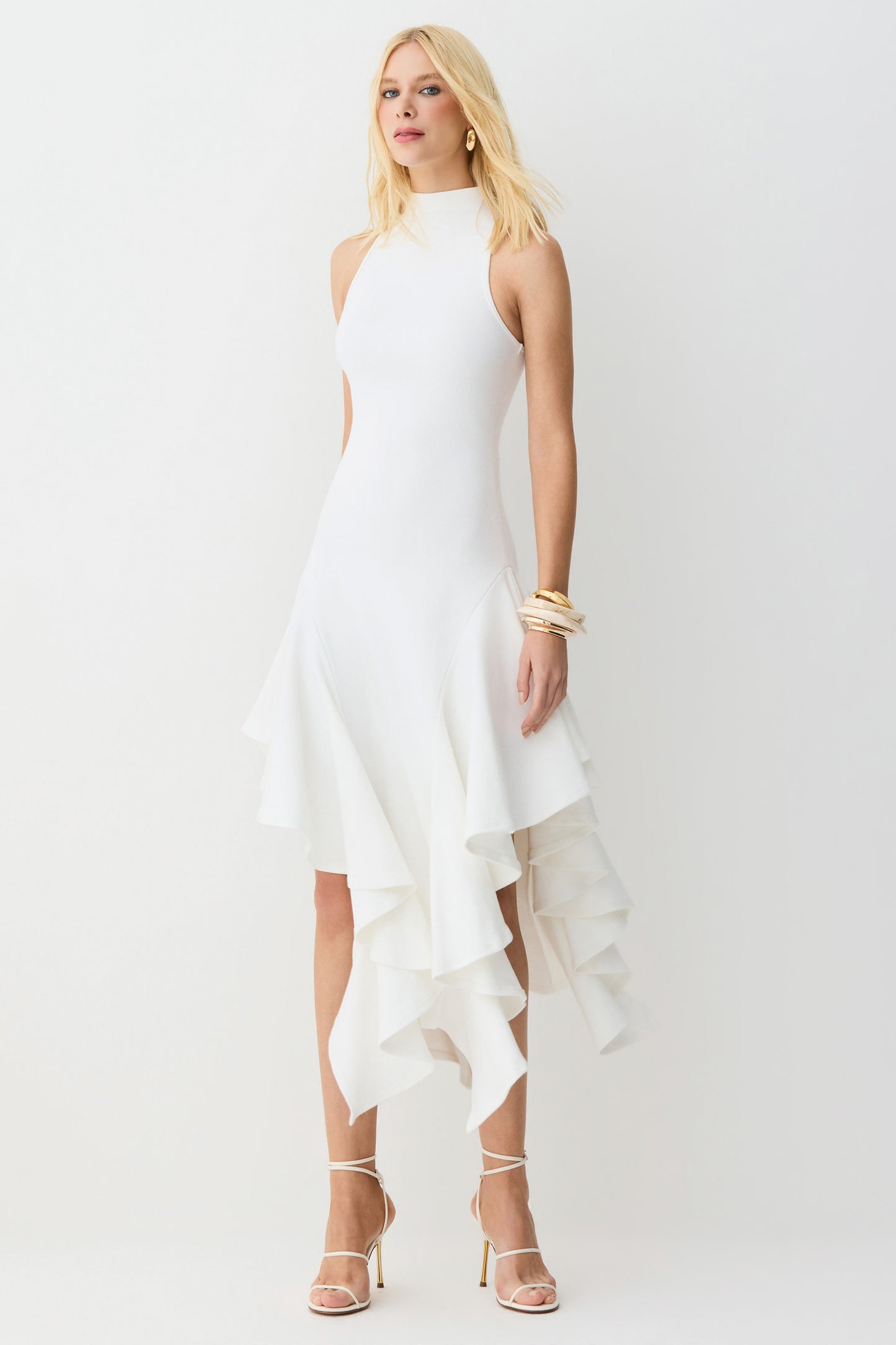 VESTIDO MIDI GOLA ALTA BABADOS ASSIMETRICOS BARRA OFF WHITE