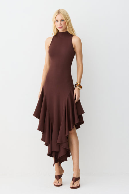 VESTIDO MIDI GOLA ALTA BABADOS ASSIMETRICOS BARRA MARROM ESCURO