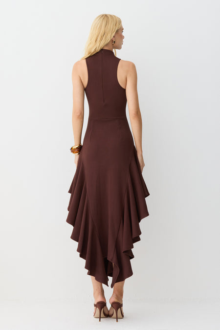 VESTIDO MIDI GOLA ALTA BABADOS ASSIMETRICOS BARRA MARROM ESCURO