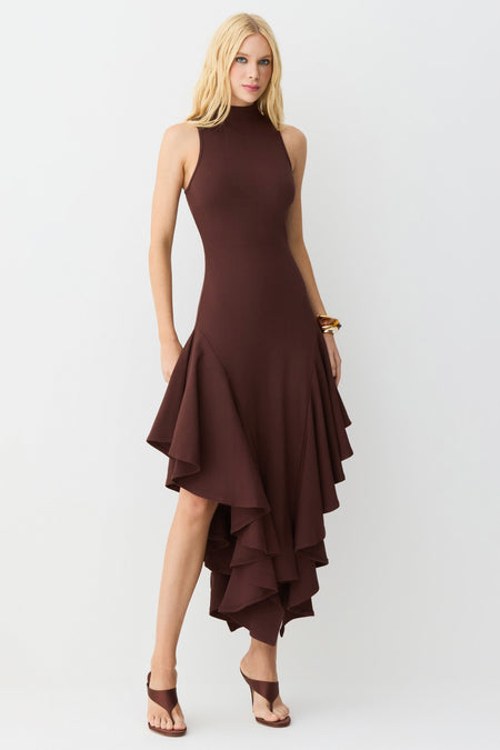 VESTIDO MIDI GOLA ALTA BABADOS ASSIMETRICOS BARRA MARROM ESCURO