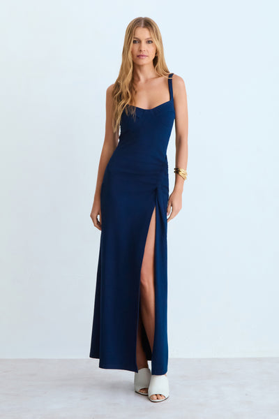 VESTIDO MIDI TORCAO LATERAL RECORTE BUSTO AZUL MARINHO ESCURO
