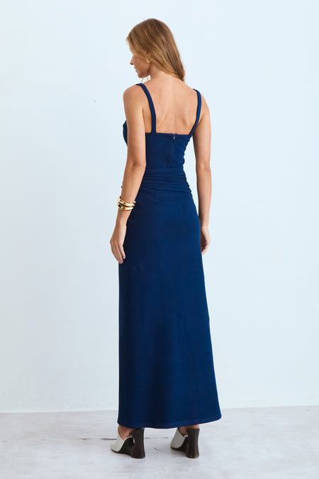 VESTIDO MIDI TORCAO LATERAL RECORTE BUSTO AZUL MARINHO ESCURO