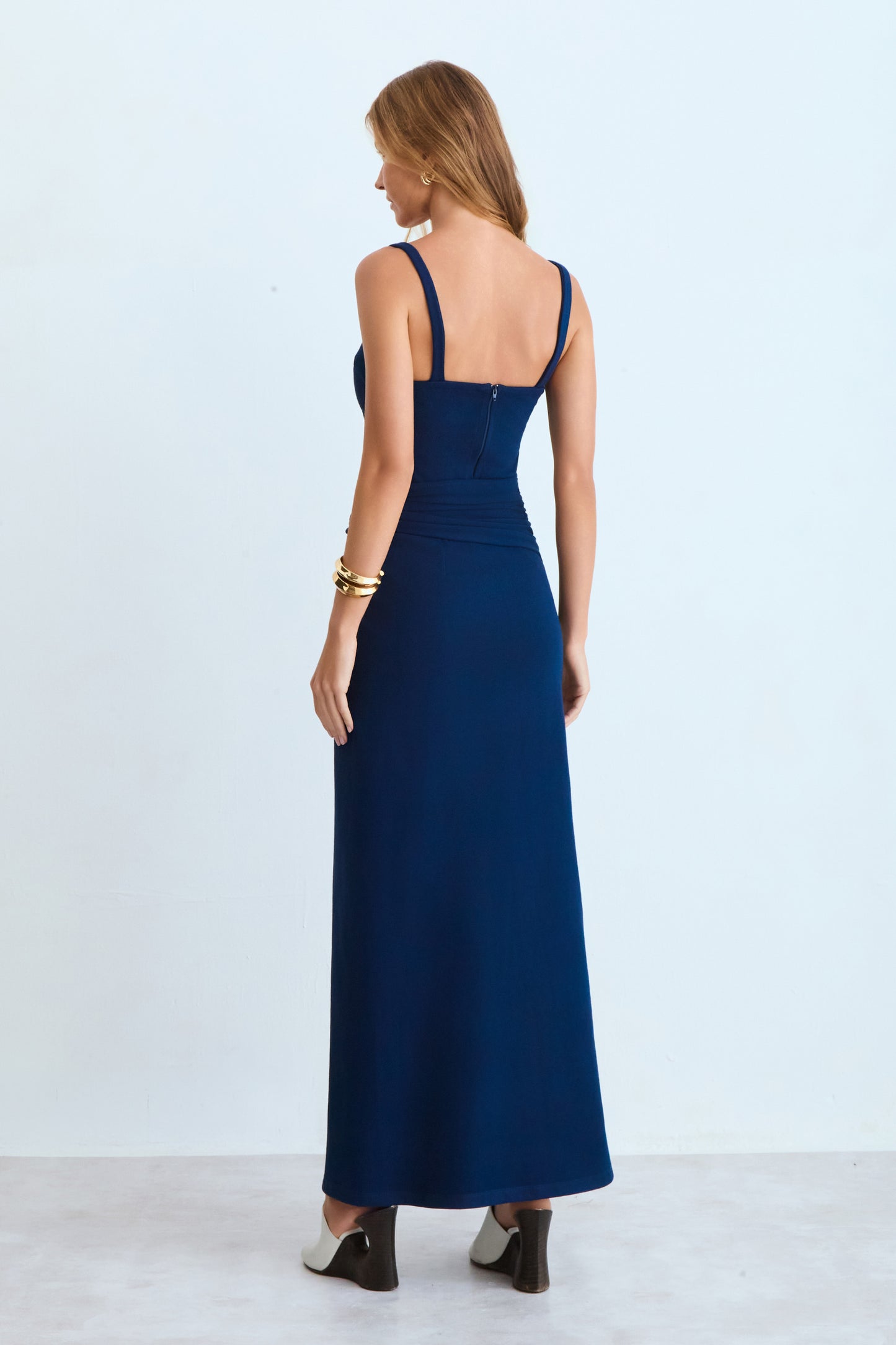 VESTIDO MIDI TORCAO LATERAL RECORTE BUSTO AZUL MARINHO ESCURO