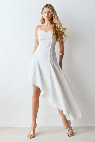 VESTIDO MIDI BARRA ASSIMETRICA DETALHE RENDA E BUSTO BRANCO