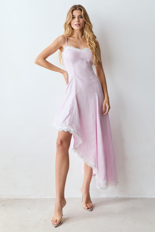 VESTIDO MIDI BARRA ASSIMETRICA DETALHE RENDA E BUSTO ROSA BEBE
