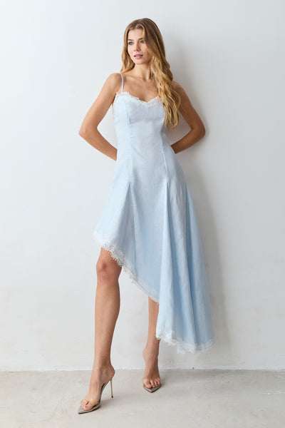 VESTIDO MIDI BARRA ASSIMETRICA DETALHE RENDA E BUSTO AZUL POLAR