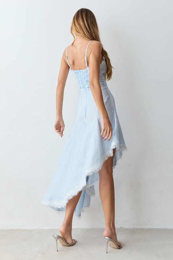 VESTIDO MIDI BARRA ASSIMETRICA DETALHE RENDA E BUSTO AZUL POLAR