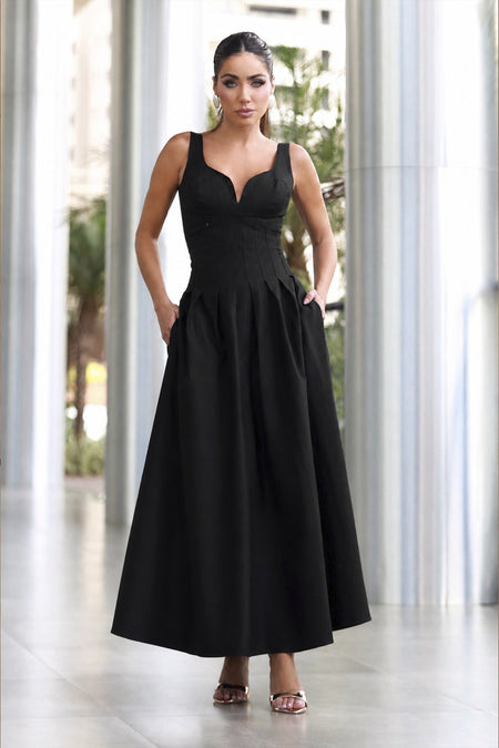 VESTIDO MIDI RECORTE V BUSTO E PREGAS NA SAIA PRETO