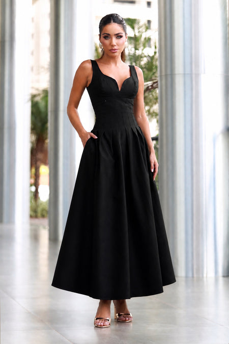 VESTIDO MIDI RECORTE V BUSTO E PREGAS NA SAIA PRETO
