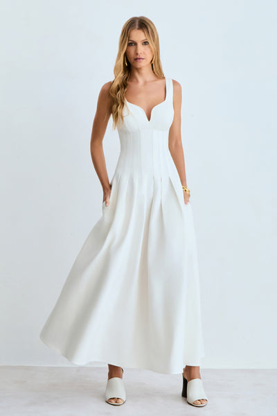 VESTIDO MIDI RECORTE V BUSTO E PREGAS NA SAIA OFF WHITE