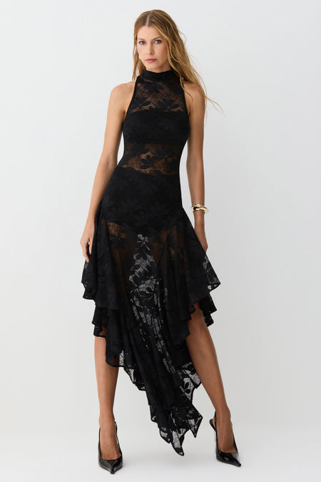 VESTIDO MIDI GOLA ALTA BABADOS BARRA EM RENDA PRETO