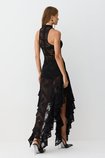 VESTIDO MIDI GOLA ALTA BABADOS BARRA EM RENDA PRETO