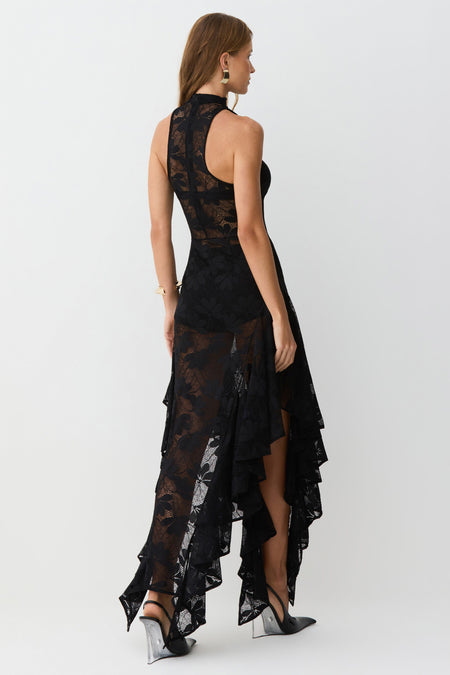 VESTIDO MIDI GOLA ALTA BABADOS BARRA EM RENDA PRETO