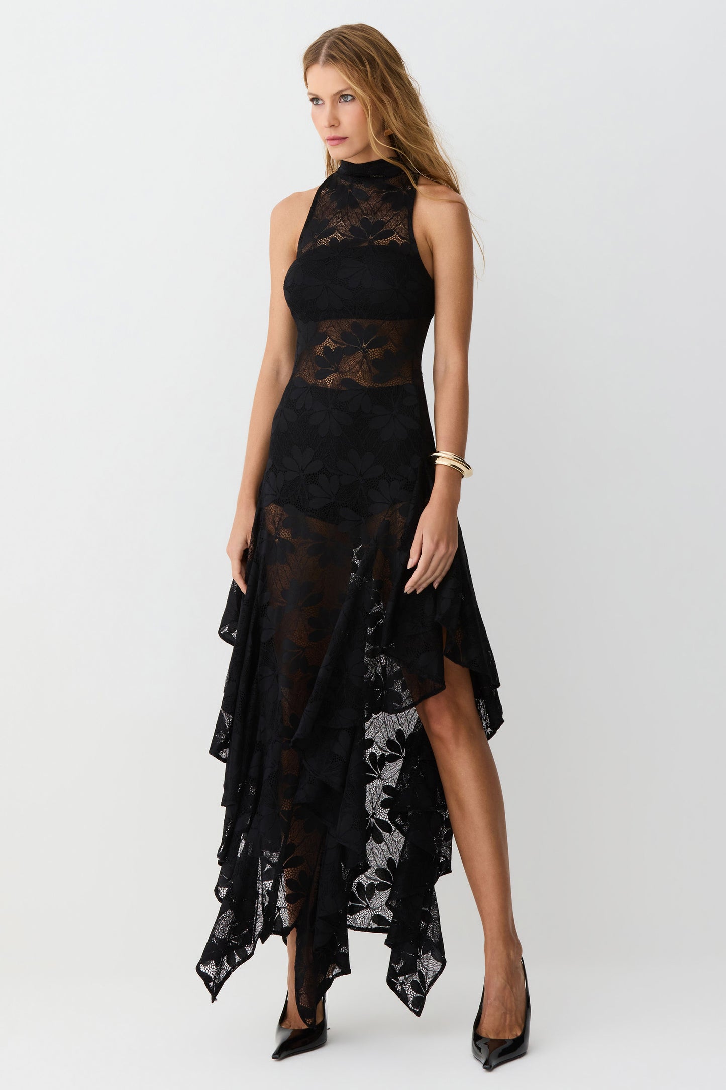 VESTIDO MIDI GOLA ALTA BABADOS BARRA EM RENDA PRETO