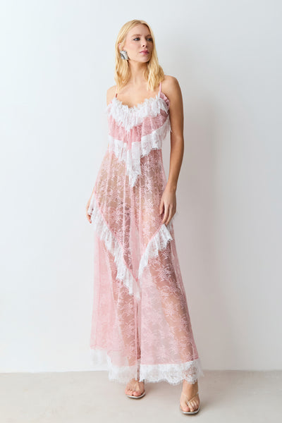 VESTIDO MIDI ALONGADO EM RENDA SOPREPOSICAO BUSTO ROSA BEBE