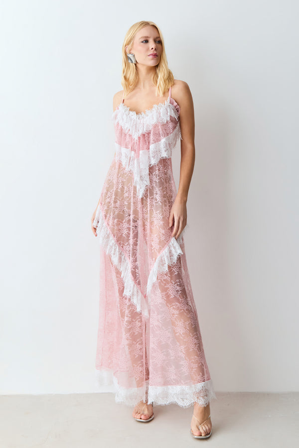 VESTIDO MIDI ALONGADO EM RENDA SOPREPOSICAO BUSTO ROSA BEBE