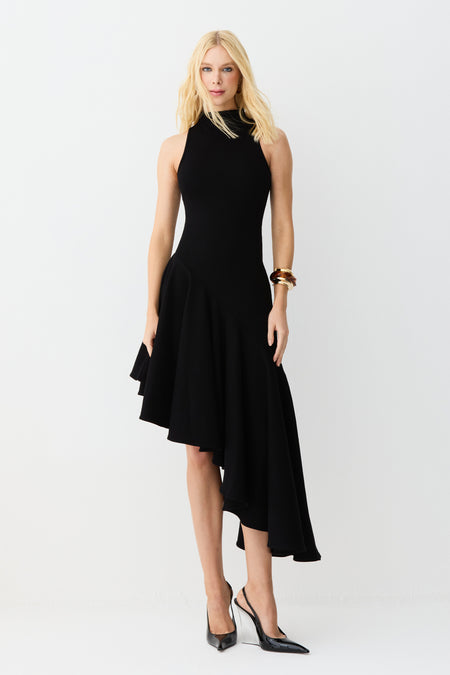 VESTIDO MIDI GOLA ALTA BARRA ASSIMETRICA COM VOLUME PRETO