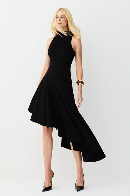 VESTIDO MIDI GOLA ALTA BARRA ASSIMETRICA COM VOLUME PRETO