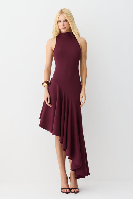 VESTIDO MIDI GOLA ALTA BARRA ASSIMETRICA COM VOLUME VINHO