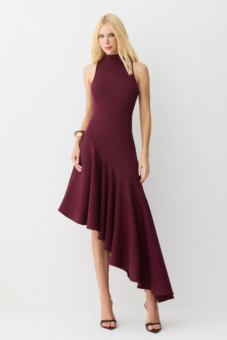 VESTIDO MIDI GOLA ALTA BARRA ASSIMETRICA COM VOLUME VINHO