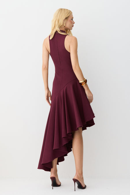 VESTIDO MIDI GOLA ALTA BARRA ASSIMETRICA COM VOLUME VINHO