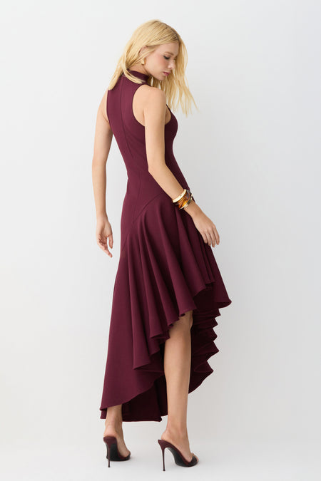 VESTIDO MIDI GOLA ALTA BARRA ASSIMETRICA COM VOLUME VINHO