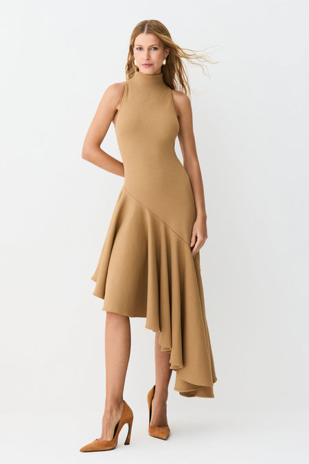 VESTIDO MIDI GOLA ALTA BARRA ASSIMETRICA COM VOLUME KAKI