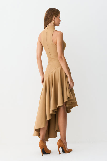 VESTIDO MIDI GOLA ALTA BARRA ASSIMETRICA COM VOLUME KAKI