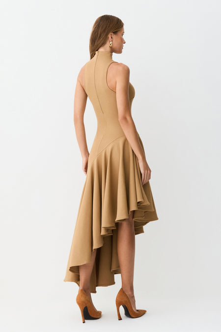 VESTIDO MIDI GOLA ALTA BARRA ASSIMETRICA COM VOLUME KAKI