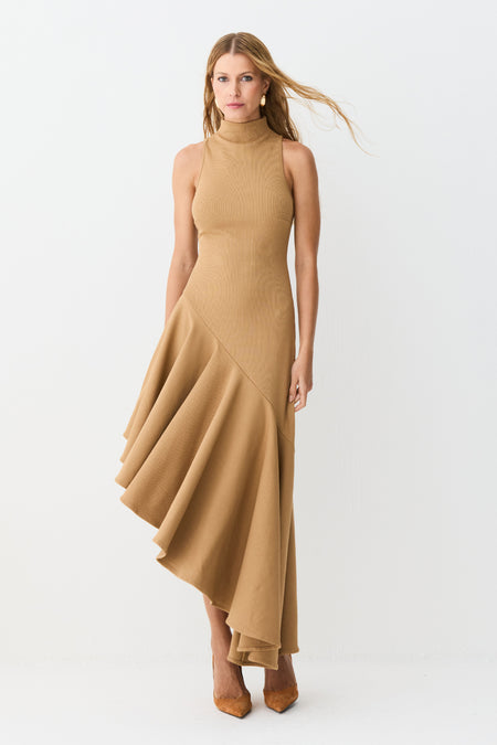 VESTIDO MIDI GOLA ALTA BARRA ASSIMETRICA COM VOLUME KAKI