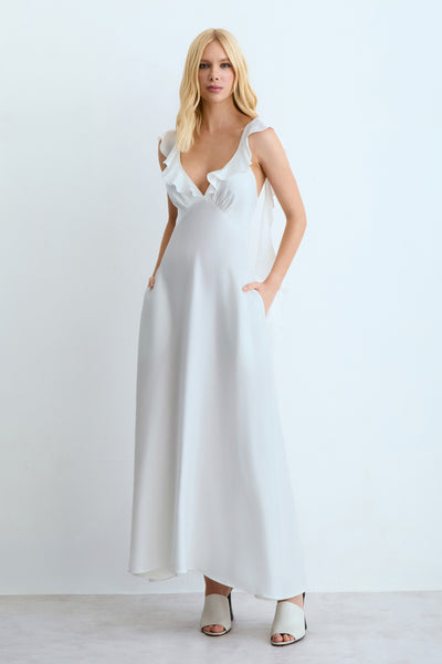 VESTIDO MIDI BABADOS FLUIDOS DECOTE E COSTAS DECOTE V OFF WHITE