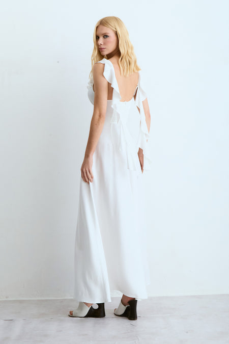 VESTIDO MIDI BABADOS FLUIDOS DECOTE E COSTAS DECOTE V OFF WHITE