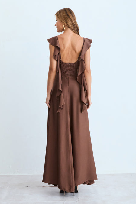 VESTIDO MIDI BABADOS FLUIDOS DECOTE E COSTAS DECOTE V MARROM