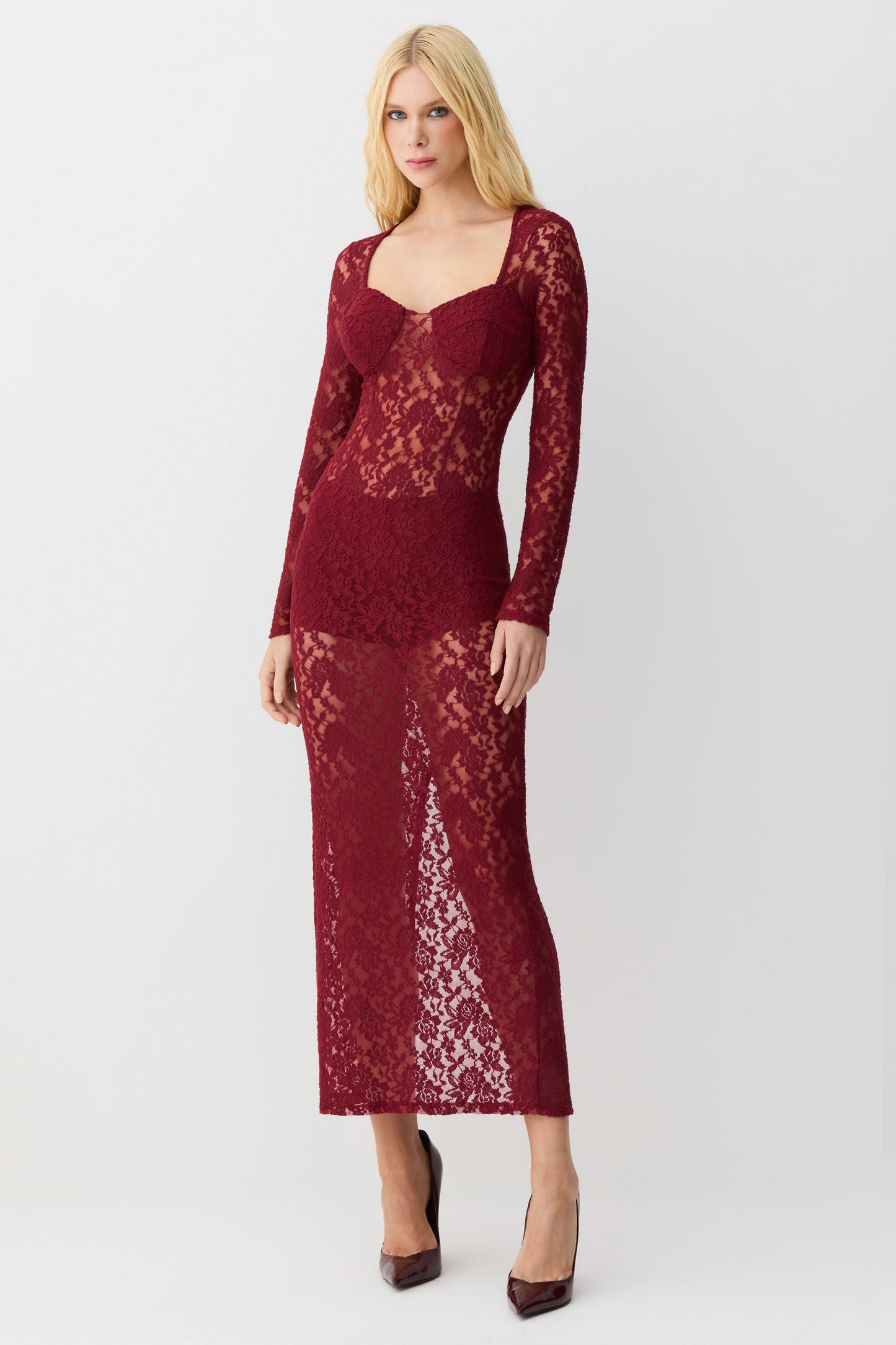 VESTIDO MIDI MANGA LONGA RECORTE DECOTE EM RENDA VERMELHO CEREJA