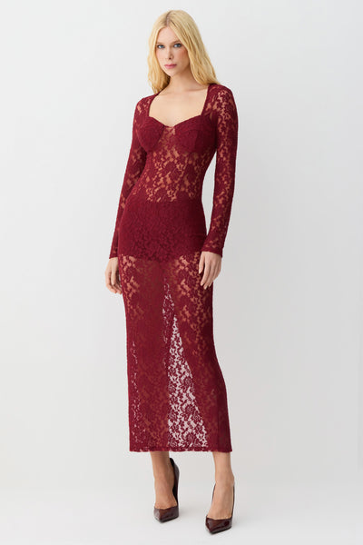 VESTIDO MIDI MANGA LONGA RECORTE DECOTE EM RENDA VERMELHO CEREJA