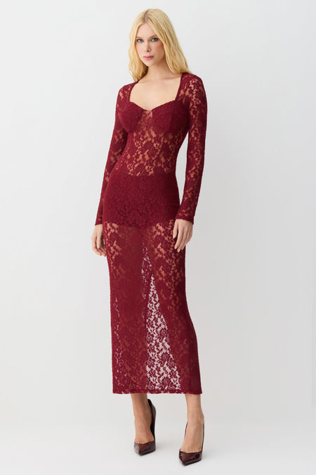 VESTIDO MIDI MANGA LONGA RECORTE DECOTE EM RENDA VERMELHO CEREJA